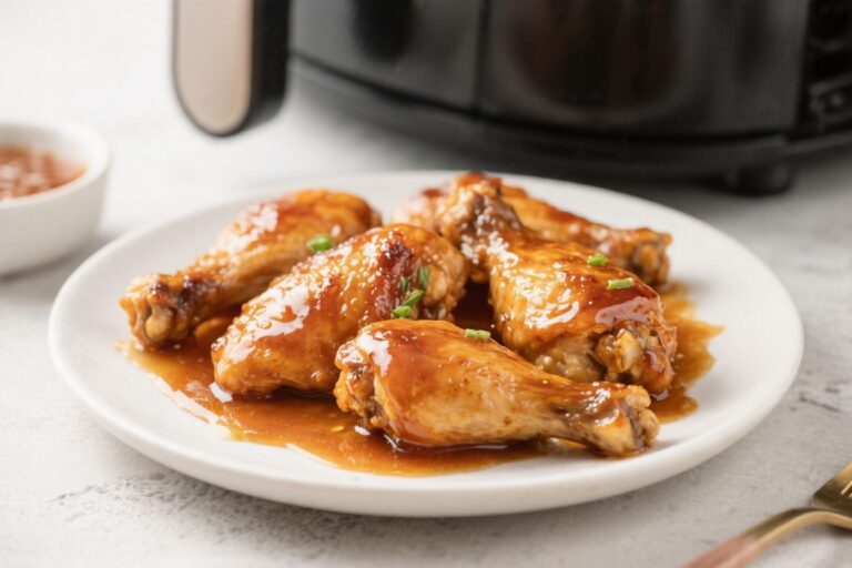 Crispy honey glazed chicken cooked in the air fryer with a sweet sticky glaze on a white plate