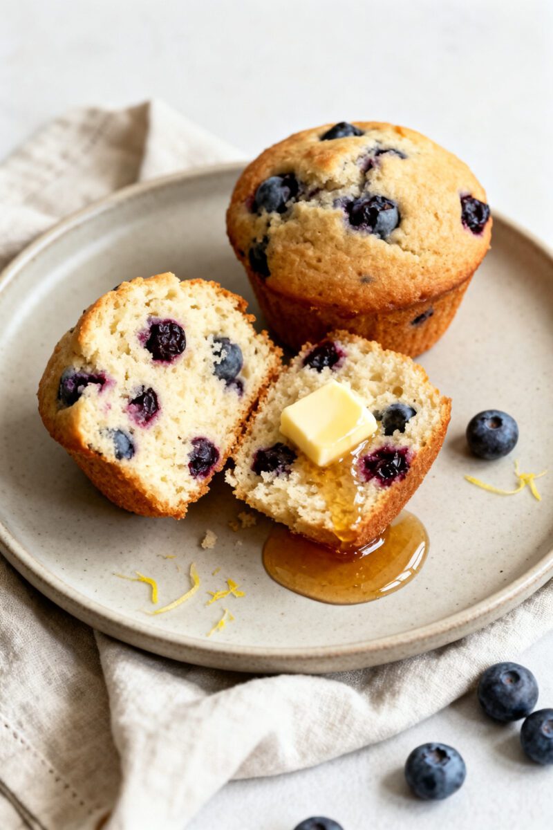Air fryer blueberry muffins with juicy blueberries, a soft fluffy crumb, and melted butter with honey