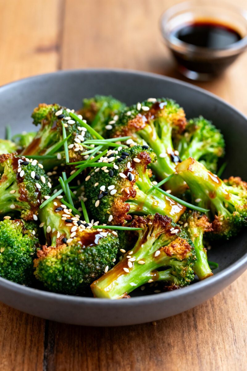 Asian style air fryer broccoli with crispy roasted edges, sesame seeds, green onions, and a savory glaze