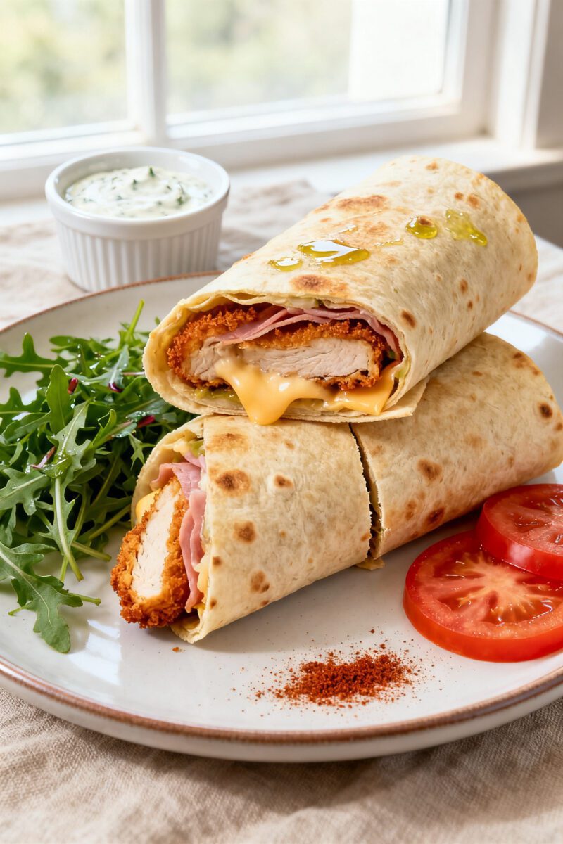 Air fryer crispy chicken wrap filled with breaded chicken, ham, melted cheese, and wrapped in a warm tortilla