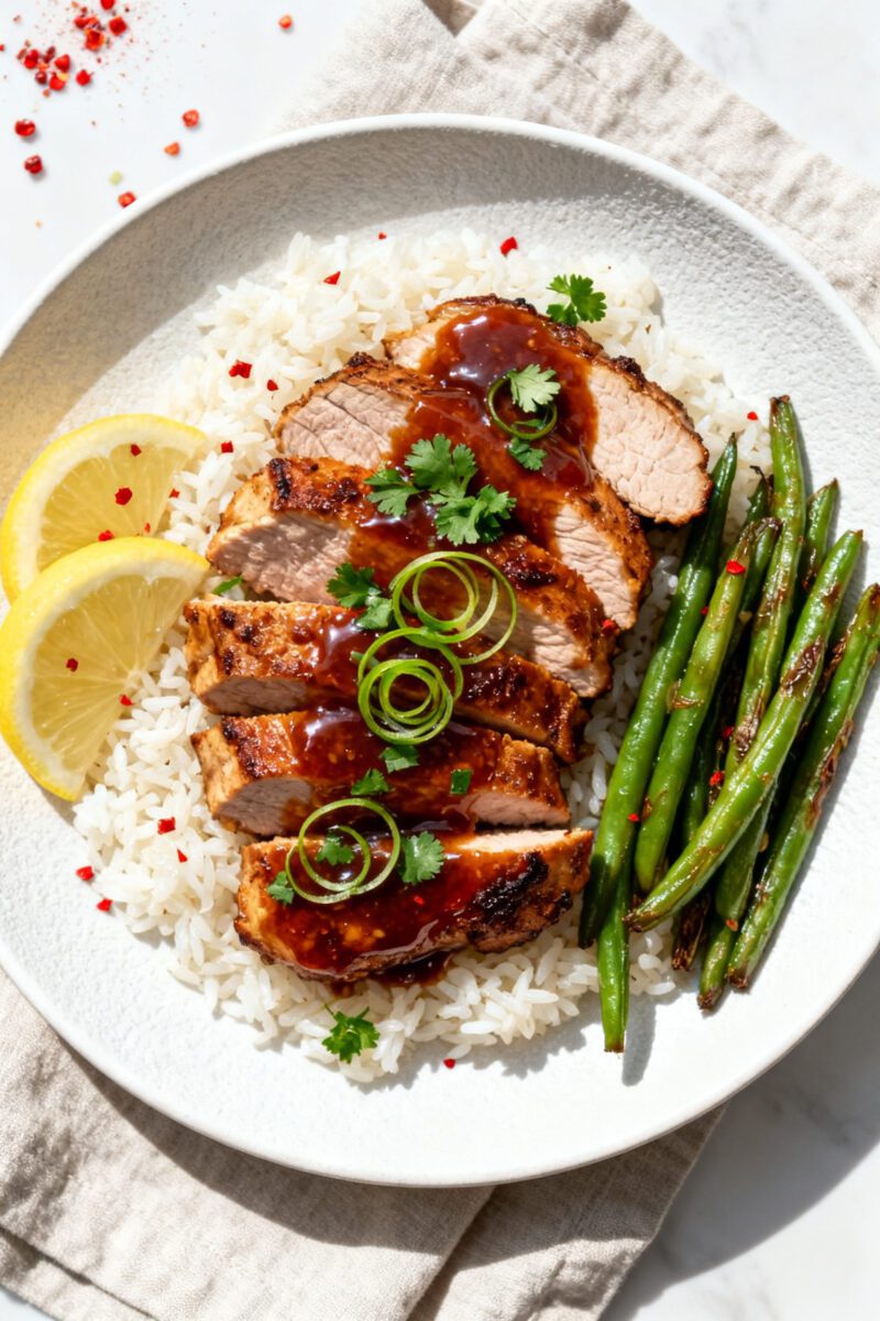 Air fryer glazed chicken breast served over fluffy white rice with green beans, lemon slices, and a savory sauce