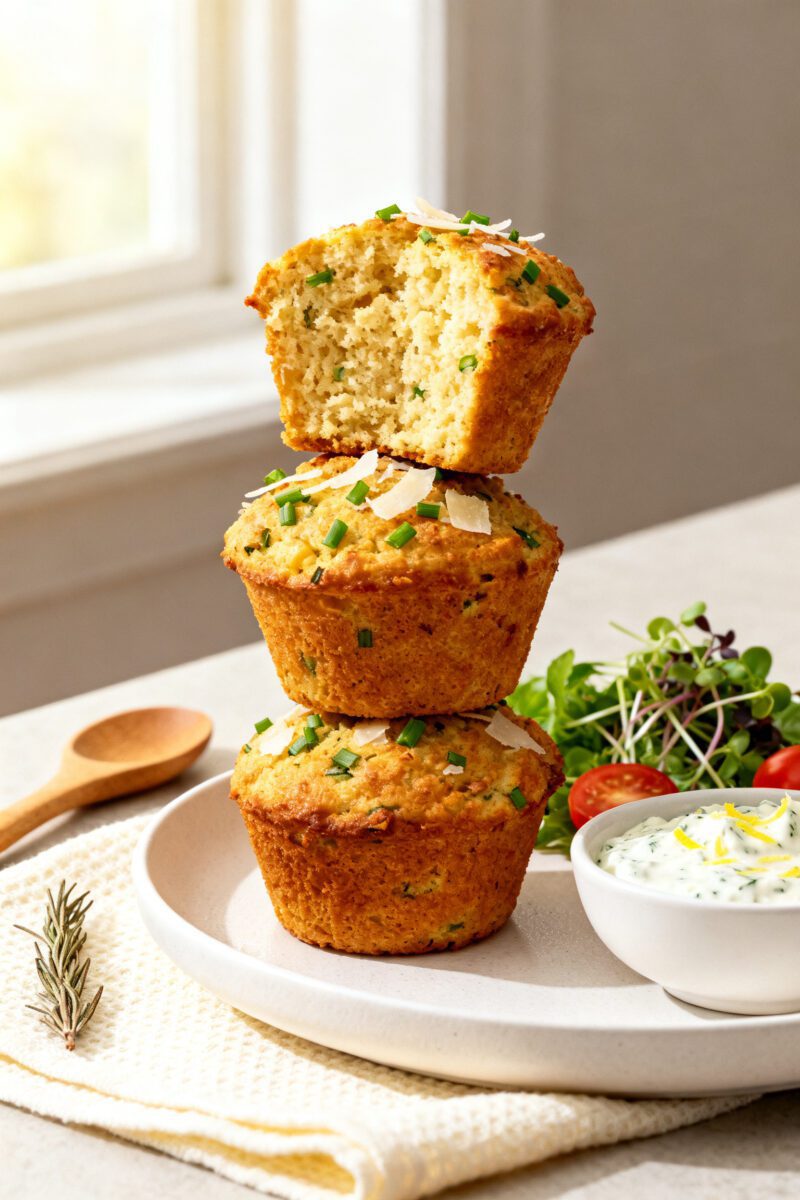 Savory air fryer muffins stacked on a plate with herbs, parmesan, and creamy dipping sauce