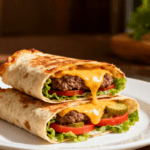 Easy air fryer cheeseburger wraps filled with seasoned ground beef, melted cheese, and wrapped in a crispy tortilla