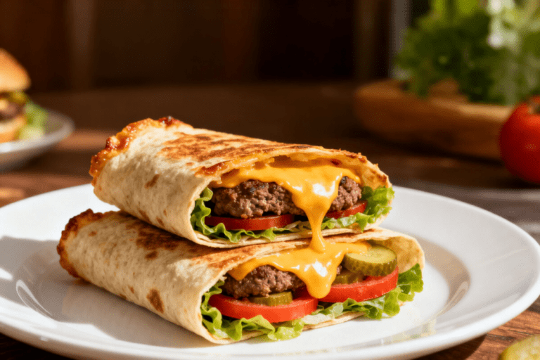 Easy air fryer cheeseburger wraps filled with seasoned ground beef, melted cheese, and wrapped in a crispy tortilla