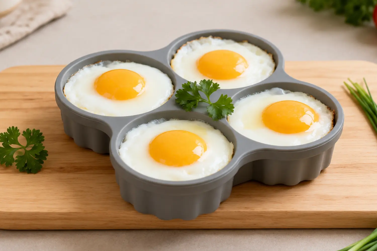 Air fryer silicone egg mold recipe with perfectly cooked eggs in a reusable silicone mold, featuring set whites and bright yolks for an easy high protein breakfast.