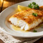 Air fryer Alaskan cod with a crispy golden coating, flaky white fish, and fresh lemon wedges