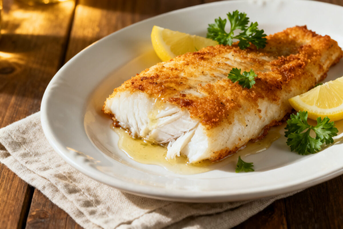 Air fryer Alaskan cod with a crispy golden coating, flaky white fish, and fresh lemon wedges