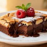 Easy air fryer brownies with a fudgy chocolate center, crackly top, and melted chocolate drizzle topped with fresh raspberries