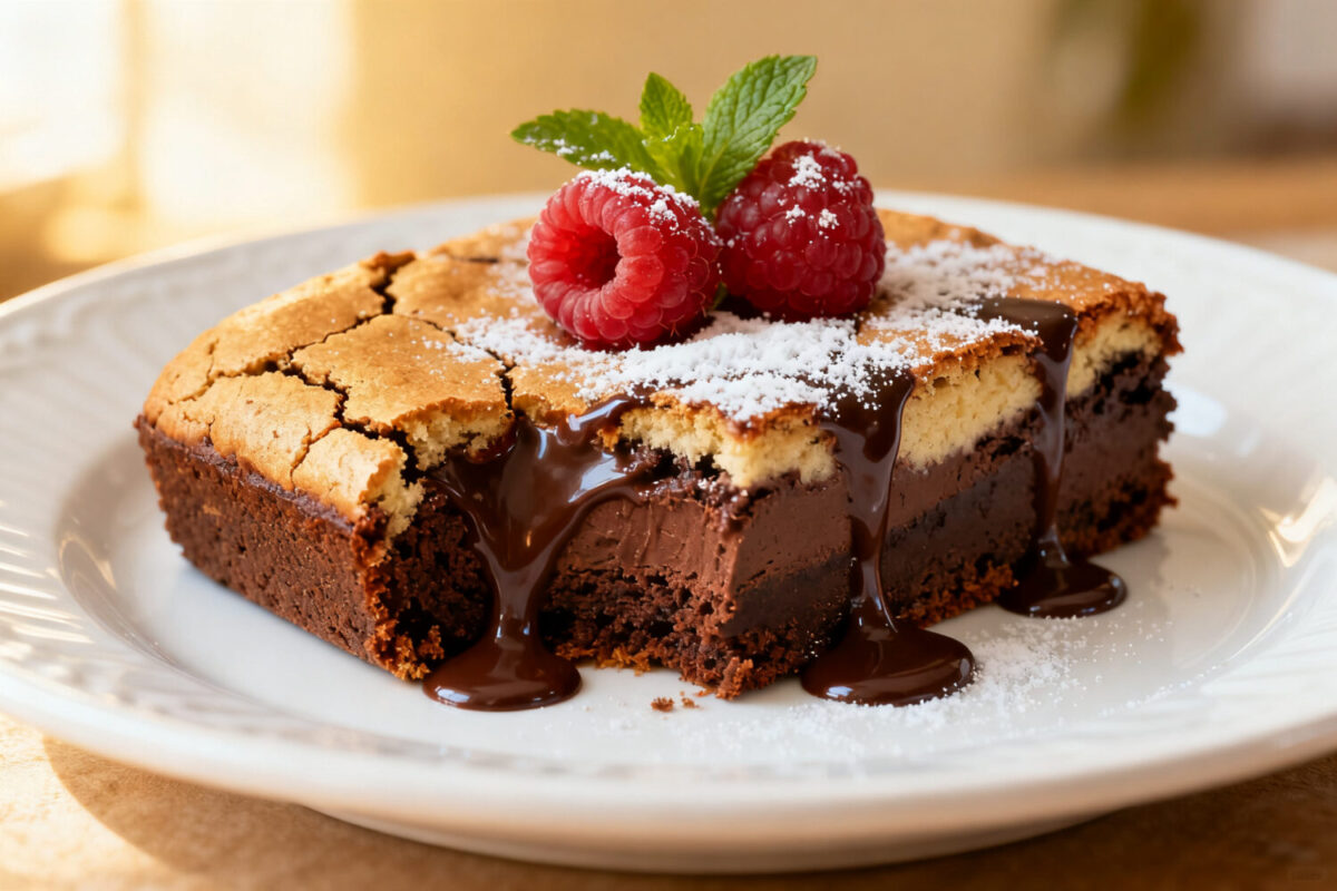 Easy air fryer brownies with a fudgy chocolate center, crackly top, and melted chocolate drizzle topped with fresh raspberries
