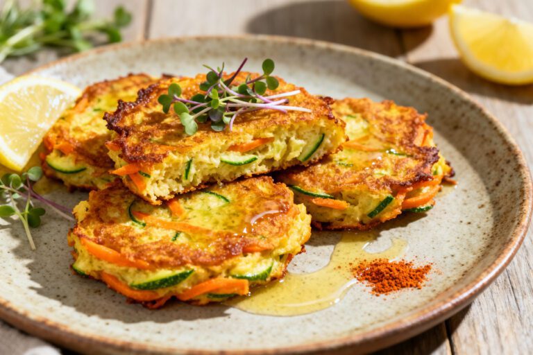 Crispy air fryer zucchini carrot fritters made with shredded zucchini and carrots, pan golden and served with lemon