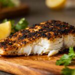 Air fryer blackened cod with a bold Cajun style seasoning crust, flaky white fish, and fresh lemon wedges