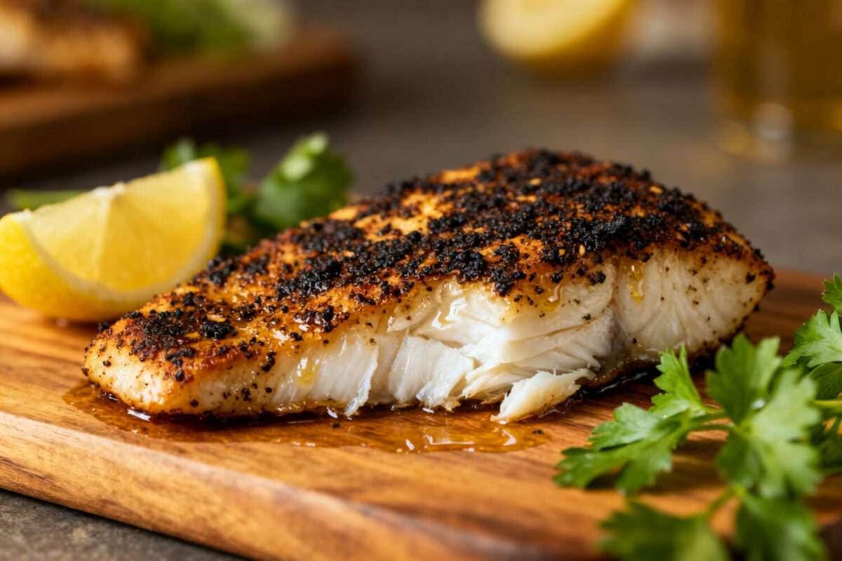 Air fryer blackened cod with a bold Cajun style seasoning crust, flaky white fish, and fresh lemon wedges