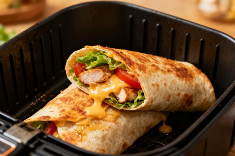 Cheesy garlic chicken wraps made in the air fryer with juicy chicken, melted cheese, crisp lettuce, and tomatoes