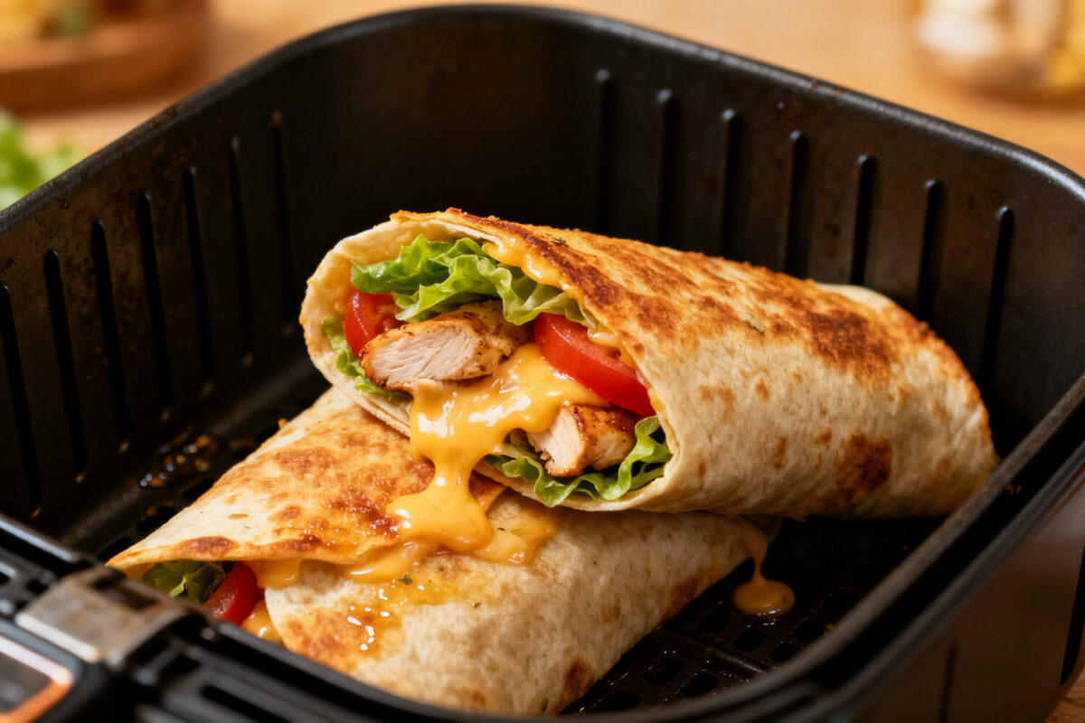 Cheesy garlic chicken wraps made in the air fryer with juicy chicken, melted cheese, crisp lettuce, and tomatoes