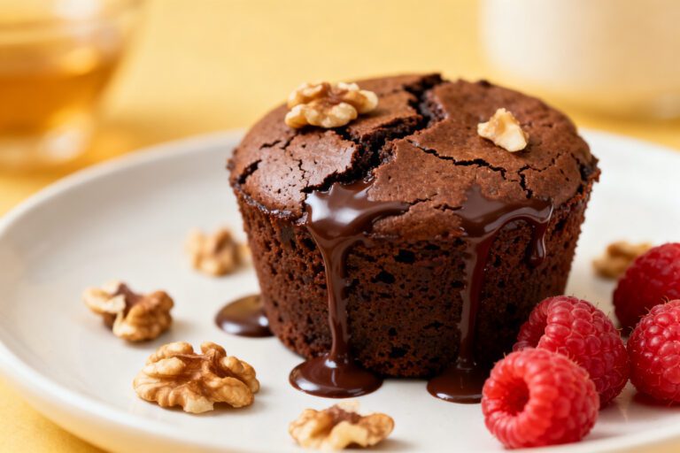 Air fryer brownie for one with a fudgy chocolate center, melted chocolate drizzle, walnuts, and fresh raspberries