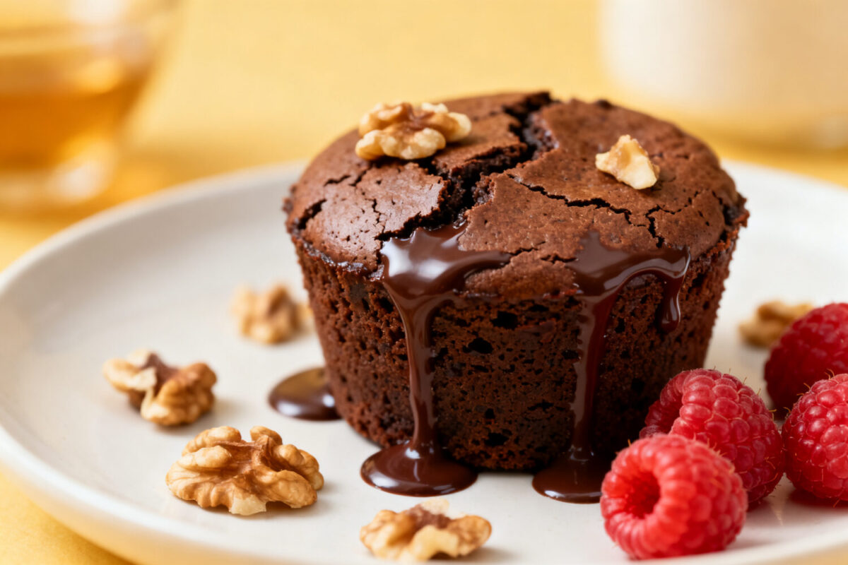 Air fryer brownie for one with a fudgy chocolate center, melted chocolate drizzle, walnuts, and fresh raspberries