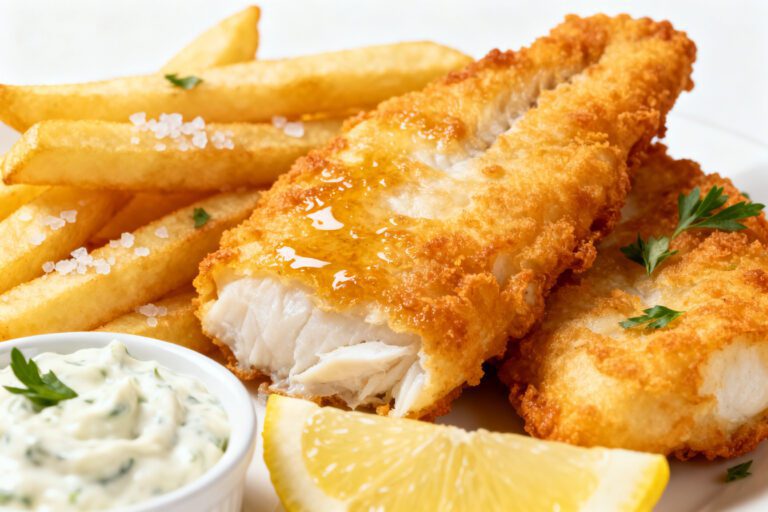Air fryer cod fish and chips with crispy golden battered cod, crunchy fries, and creamy tartar sauce