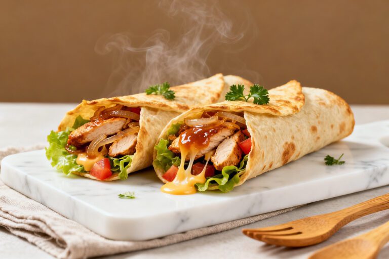 Air fryer chicken wraps filled with juicy chicken, fresh lettuce, tomatoes, and a savory sauce in crispy tortillas