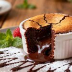 Air fryer chocolate lava cake with a rich molten chocolate center, crackly top, and fresh raspberries