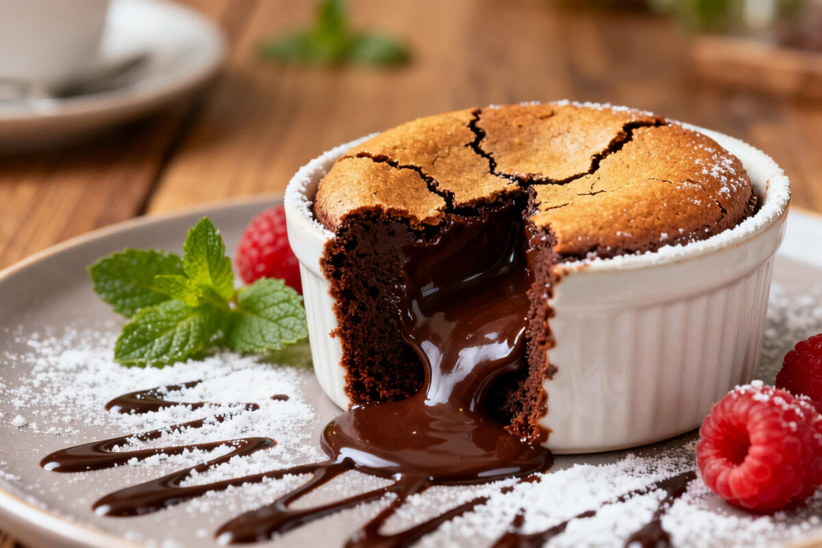 Air fryer chocolate lava cake with a rich molten chocolate center, crackly top, and fresh raspberries