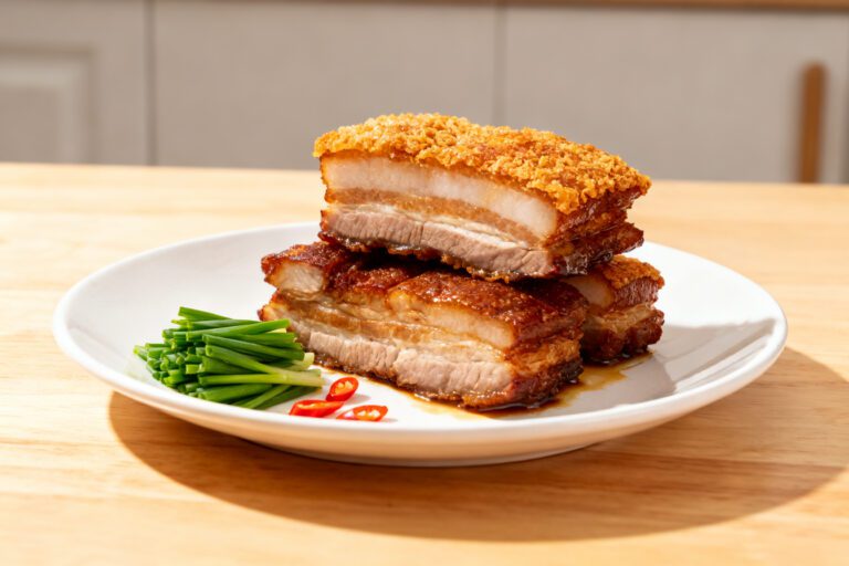 Asian style air fryer pork belly with crispy crackling skin, juicy layers of pork, and savory flavor