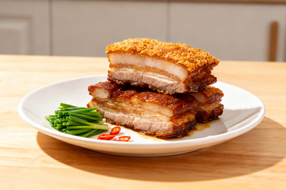 Asian style air fryer pork belly with crispy crackling skin, juicy layers of pork, and savory flavor