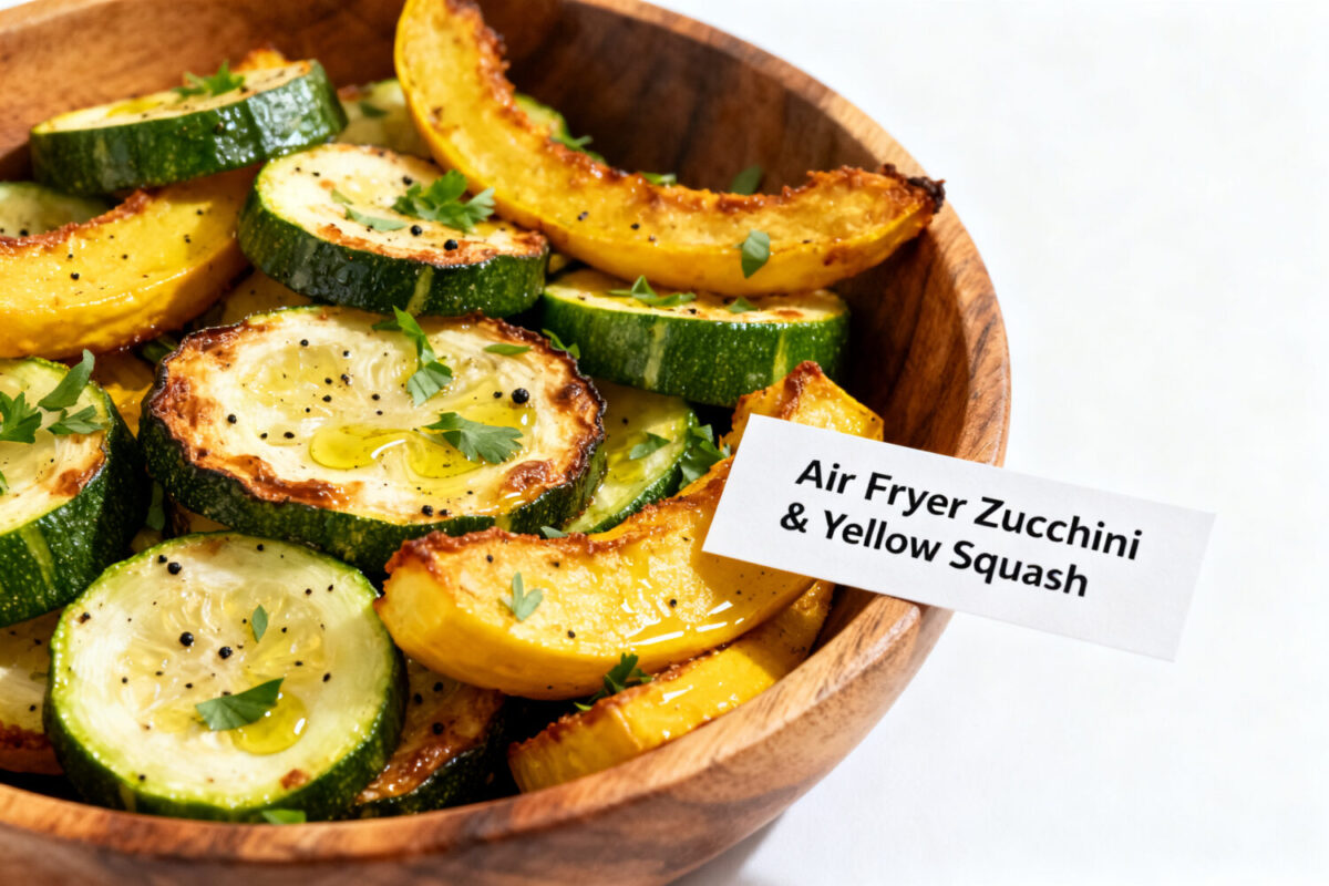 Air fryer zucchini and yellow squash with crispy roasted edges, tender centers, and fresh herb seasoning