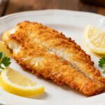 Crispy air fryer cod with a golden crunchy coating, flaky white fish, and fresh lemon wedges