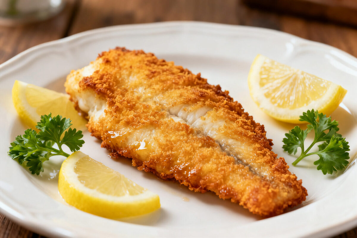 Crispy air fryer cod with a golden crunchy coating, flaky white fish, and fresh lemon wedges