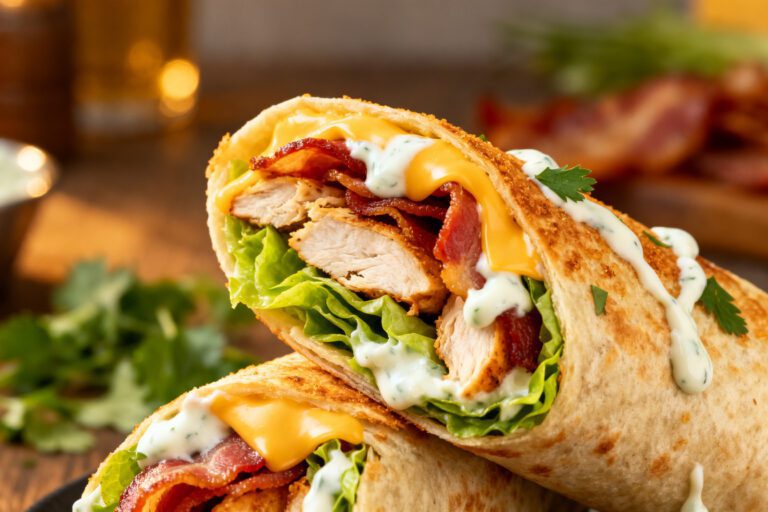 Air fryer chicken bacon ranch wrap filled with juicy chicken, crispy bacon, melted cheese, lettuce, and creamy ranch dressing