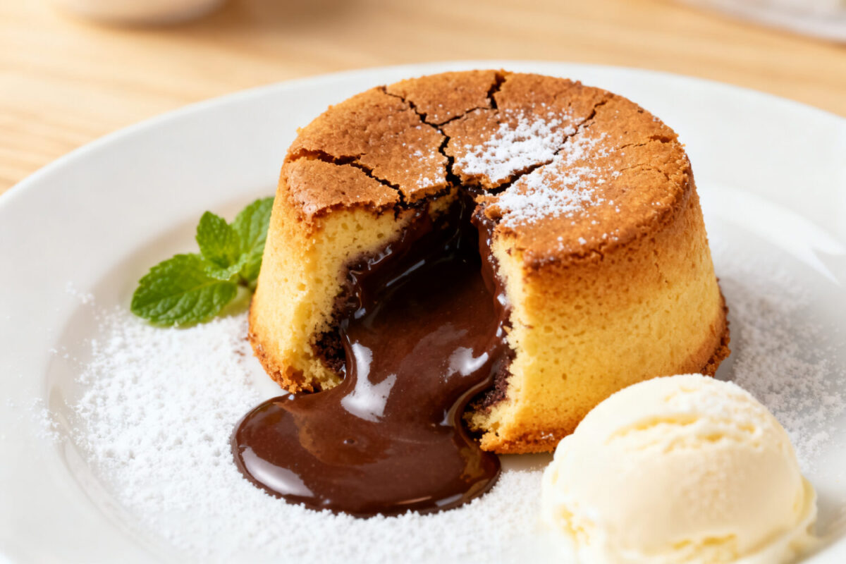 Molten air fryer lava cake with a warm gooey chocolate center, powdered sugar, and vanilla ice cream