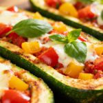 Air fryer stuffed zucchini filled with colorful vegetables, melted cheese, and fresh basil baked until golden