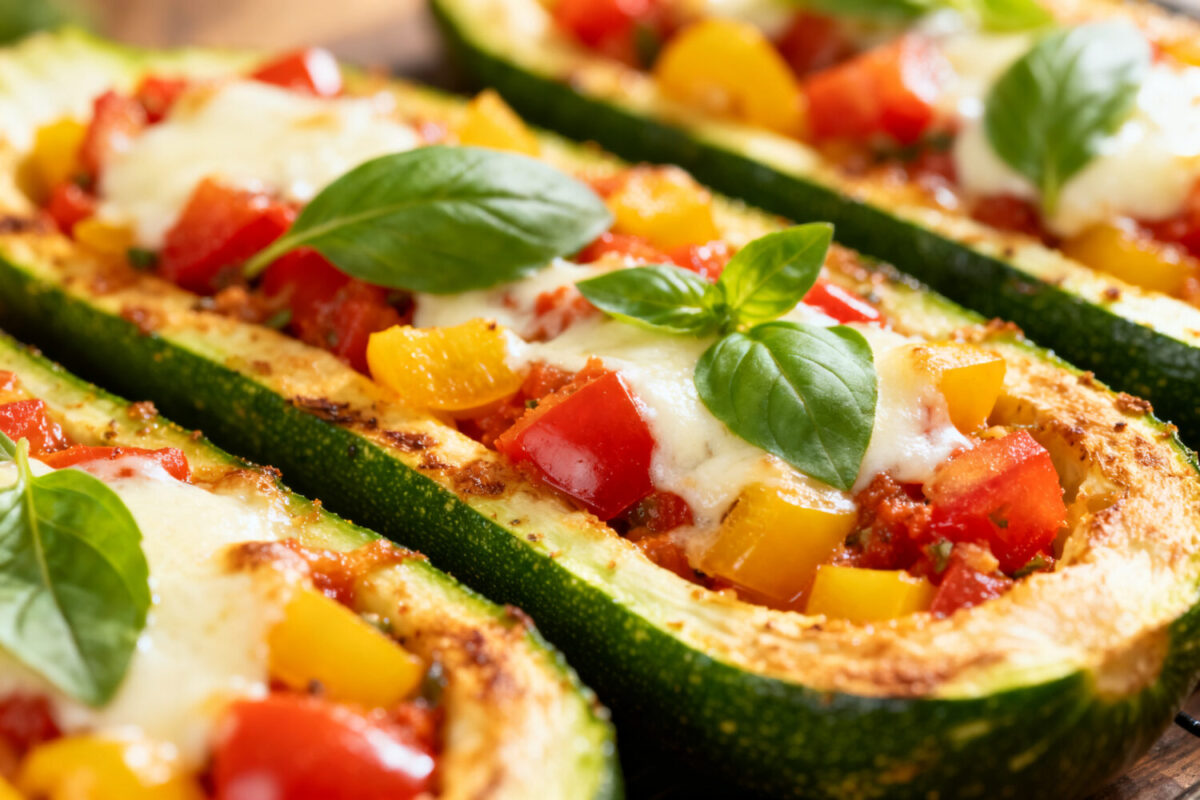 Air fryer stuffed zucchini filled with colorful vegetables, melted cheese, and fresh basil baked until golden