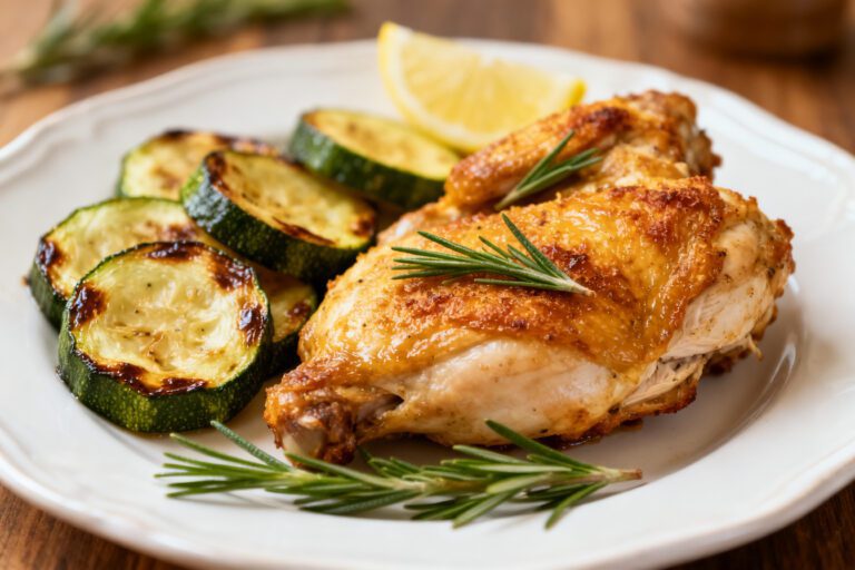 Air fryer chicken and zucchini with juicy roasted chicken, tender zucchini slices, and savory herbs