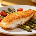 Keto air fryer cod with a crispy golden coating served with asparagus, cherry tomatoes, and fresh lemon