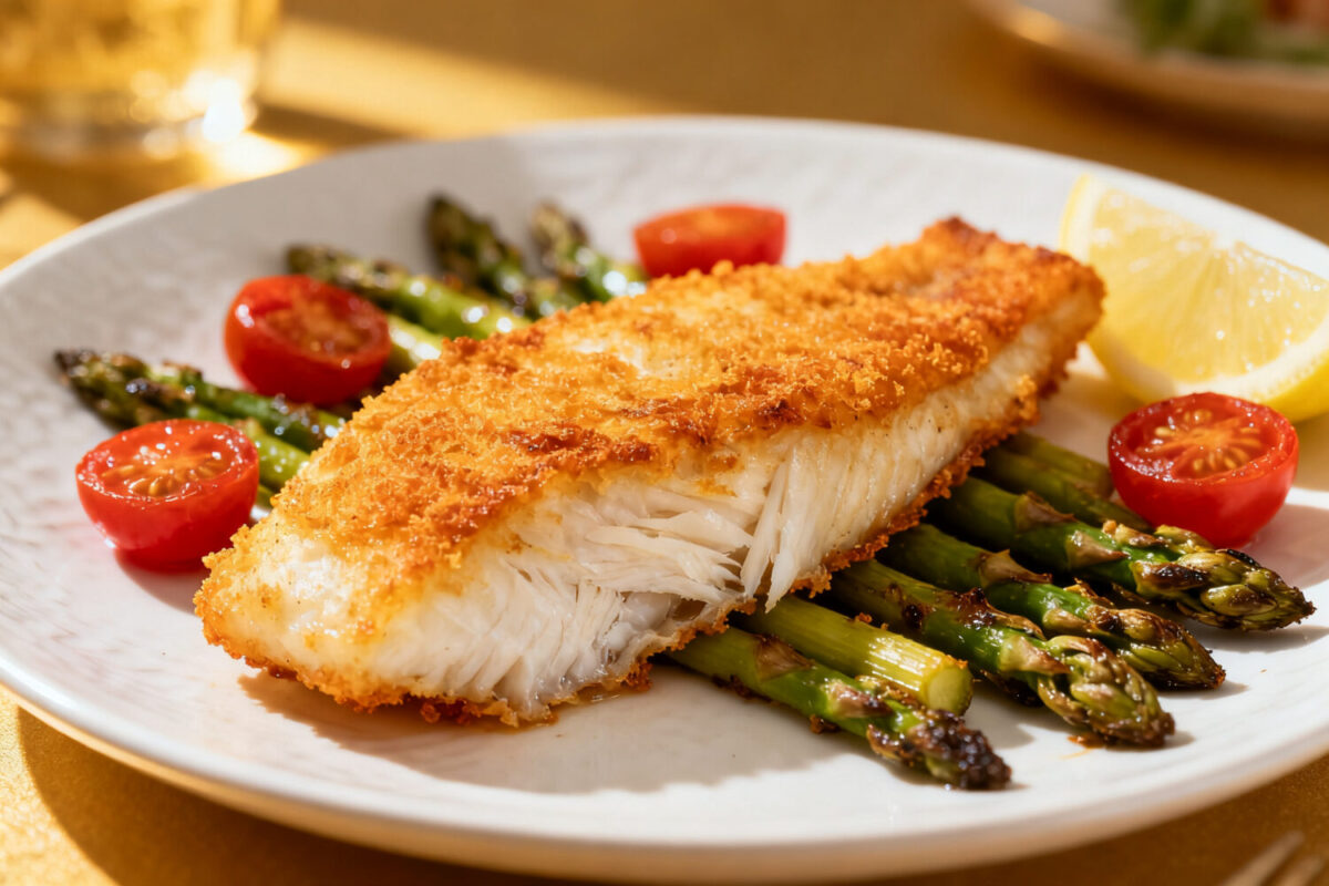 Keto air fryer cod with a crispy golden coating served with asparagus, cherry tomatoes, and fresh lemon