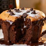 Air fryer chocolate mug cake with a gooey chocolate center, melted chocolate drizzle, and chocolate chips on top