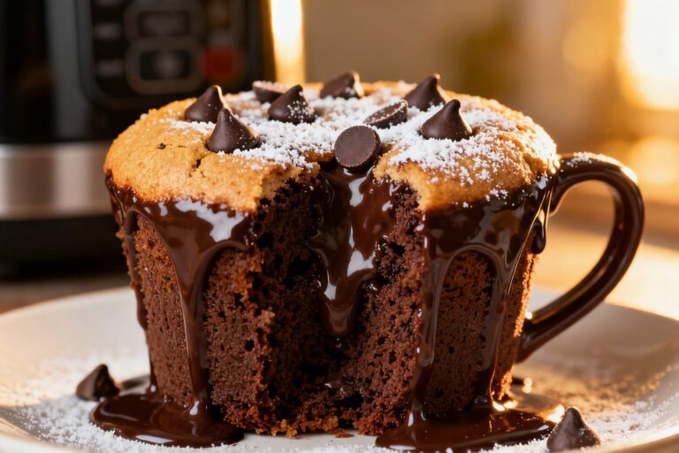 Air fryer chocolate mug cake with a gooey chocolate center, melted chocolate drizzle, and chocolate chips on top