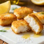 Air fryer cod bites with a crispy golden coating, tender flaky fish, and fresh lemon wedges