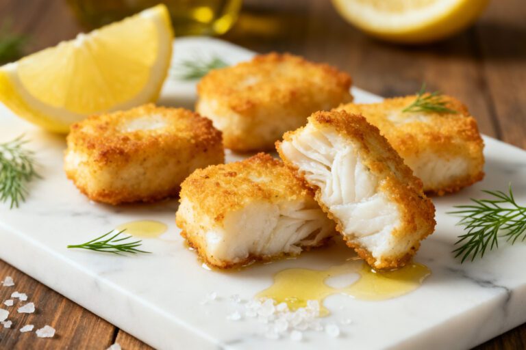 Air fryer cod bites with a crispy golden coating, tender flaky fish, and fresh lemon wedges