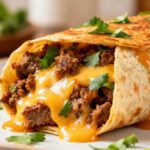 Air fryer tortilla wrapped hot dogs with melted cheese, seasoned beef, and a crispy golden tortilla wrap