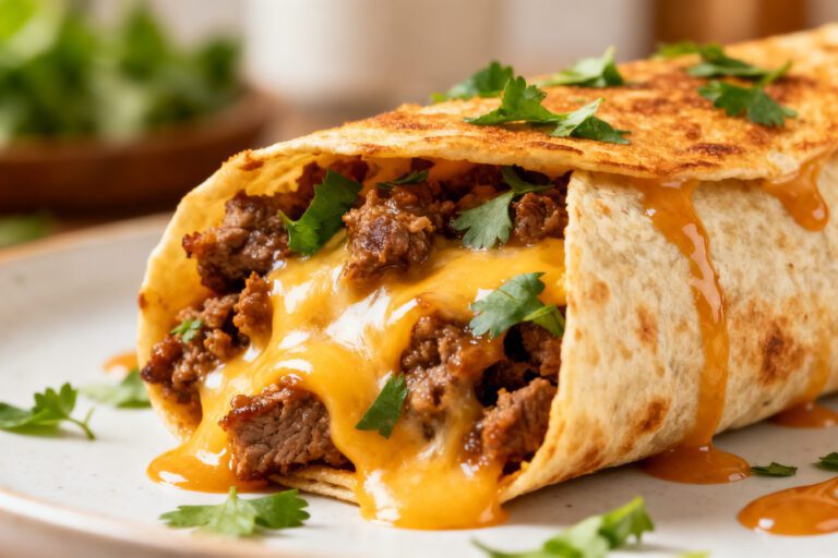 Air fryer tortilla wrapped hot dogs with melted cheese, seasoned beef, and a crispy golden tortilla wrap