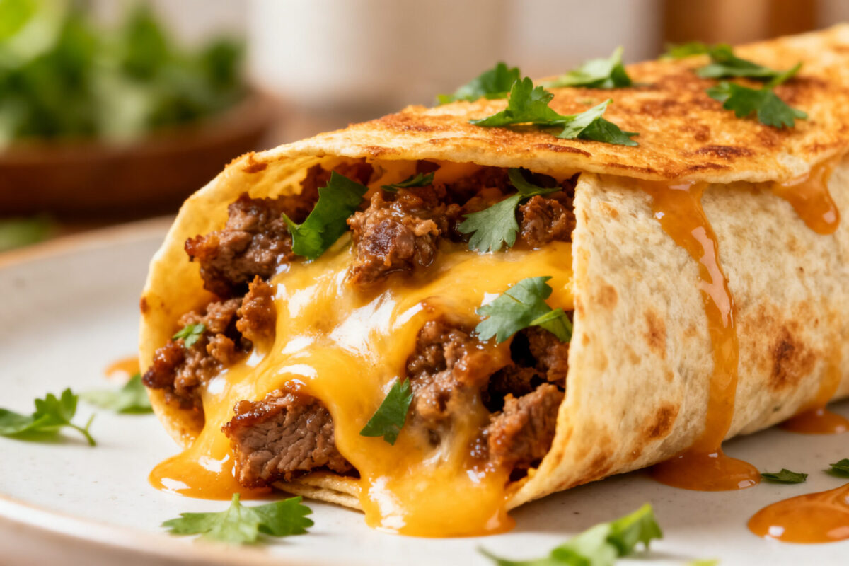 Air fryer tortilla wrapped hot dogs with melted cheese, seasoned beef, and a crispy golden tortilla wrap