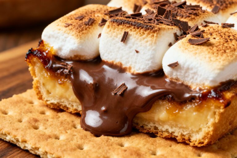 Air fryer smores dessert with toasted marshmallows, melted chocolate, and graham cracker layers