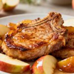 Air fryer pork chops with apples featuring juicy bone in pork chops and tender caramelized apple slices