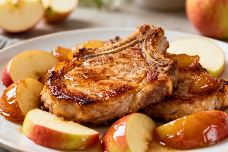 Air fryer pork chops with apples featuring juicy bone in pork chops and tender caramelized apple slices