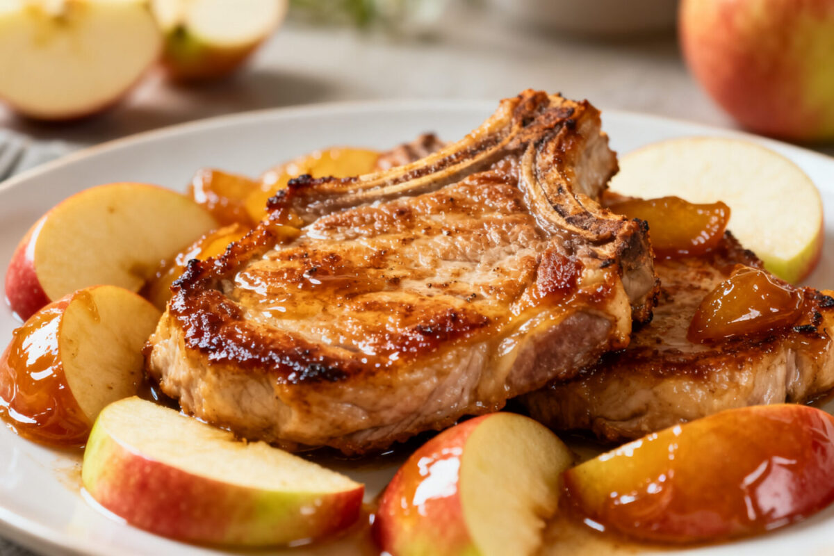 Air fryer pork chops with apples featuring juicy bone in pork chops and tender caramelized apple slices