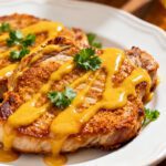 Air fryer honey mustard pork chops with a juicy center and a creamy honey mustard glaze drizzled over the top