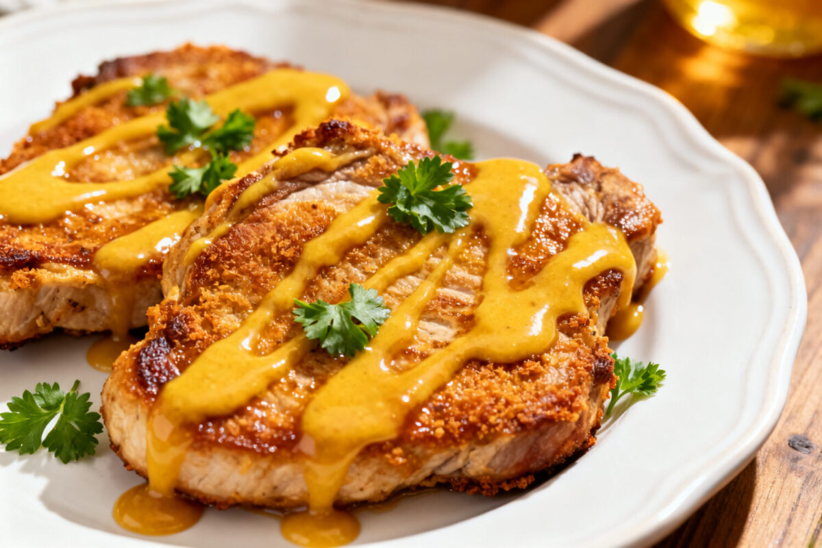 Air fryer honey mustard pork chops with a juicy center and a creamy honey mustard glaze drizzled over the top