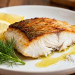 Air fryer baked cod with a lightly seasoned golden crust, flaky white fish, and fresh lemon wedges